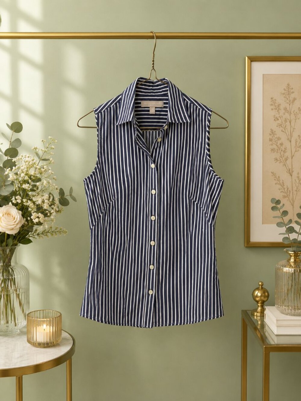 Banana Republic Non-Iron Fitted Navy Stripe Sleeveless Button-Up Shirt 0